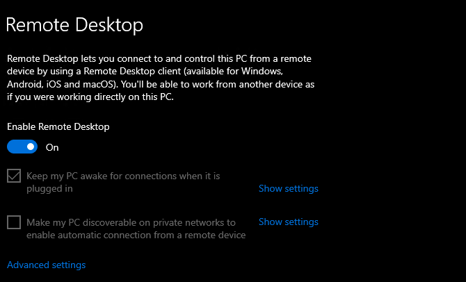 Remote desktop settings page